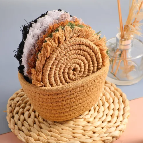 Miniatura 6 de Juego de 6 posavasos de algodón tejido bohemio absorbente con soporte para casa de campo, borla de macramé, regalo de inauguración de la casa
