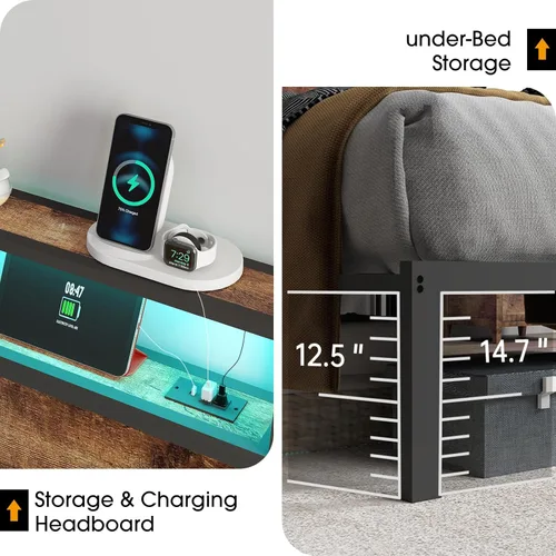 Miniatura 7 de Base de cama tamaño completo con cabecero, estructura de cama de plataforma metálica con luces LED y estación de carga, almacenamiento debajo