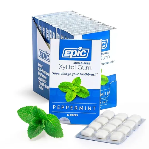 Epic Goma de mascar de menta 100% xilitol, sin azúcar, sin aspartamo, ayuda a la salud bucal y el aliento fresco, 12 piezas (paquete de 12)