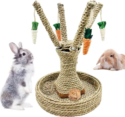 Hamiledyi Juguetes para masticar conejo, ratán, rascador de hierba, trepador, árbol, divertido, árbol, zanahoria, juguetes para animales pequeños,