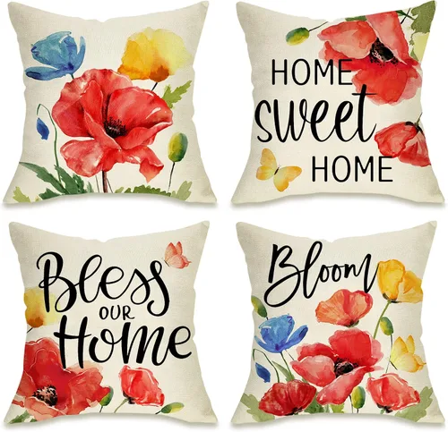 Fahrendom Juego de 4 fundas de almohada decorativas de flores florales de 16 x 16 pulgadas, funda de cojín para sofá o sillón, primavera y verano,