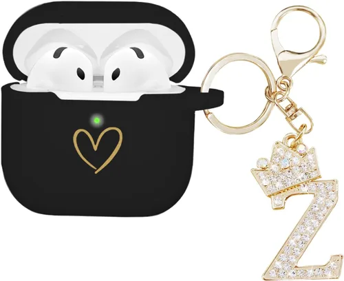 Miniatura 8 de Compatible con AirPods 4 Cover 2024, funda de silicona suave con patrón de corazón dorado para 4ª generación, llavero de letra A-Z con diamantes
