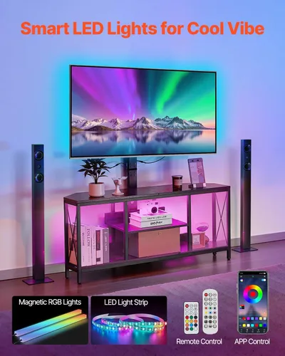 Miniatura 2 de VEVOR Soporte de TV de 45 pulgadas con soporte para televisores de hasta 75 pulgadas, centro de entretenimiento con toma de corriente y luces LED