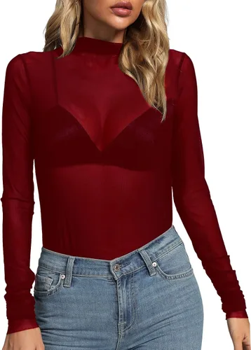 Miniatura 3 de Rooscier Blusa sexy de malla transparente para mujer, cuello alto falso, manga larga, ajustada