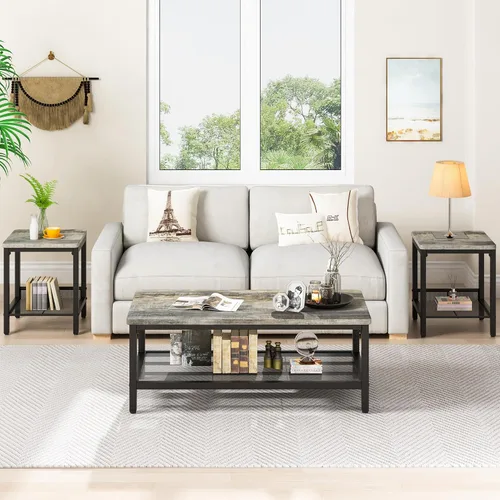 Miniatura 4 de Conjunto de 3 mesas de café AWQM, mesa de café industrial con 2 mesas auxiliares cuadradas, conjunto de mesas modernas para sala de estar con marco