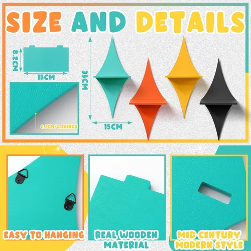 Miniatura 3 de Threehoney Mid-Century - Juego de 4 estantes flotantes coloridos de pared, estilo retro, Starburst, estantes montados en la pared, almacenamiento
