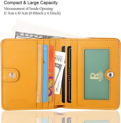Miniatura 2 de Funtor Cartera de cuero para mujer, pequeña y compacta, con bolsillo doble, bloqueo RFID, para mujer