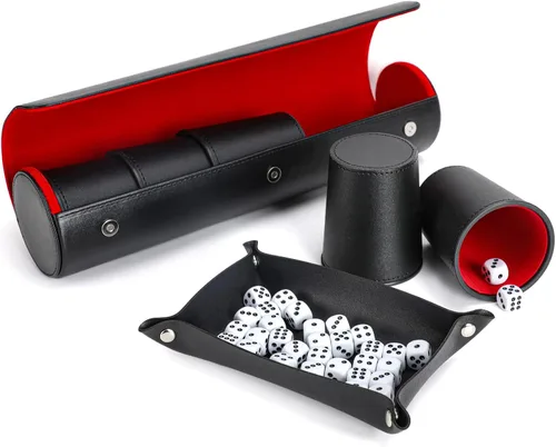 Miniatura 15 de Juego de tazas de cuero para dados, 5 tazas de dados negros + 25 dados + funda exclusiva de almacenamiento y transporte hecha de piel sintética