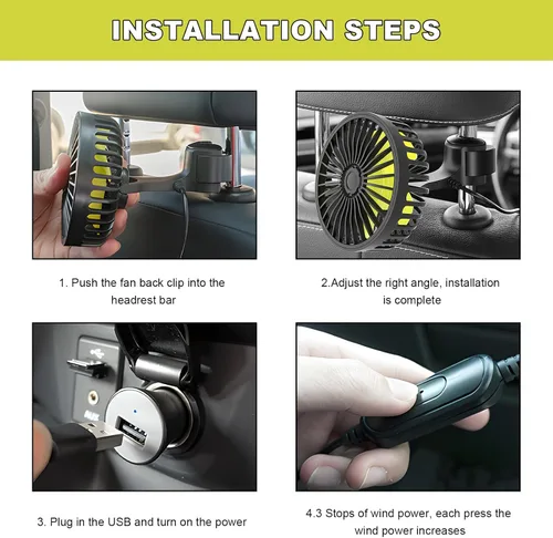 Miniatura 6 de Ventiladores USB para asiento de auto para el asiento trasero, ventilador de enfriamiento giratorio de 360° de viento fuerte con 3 velocidades