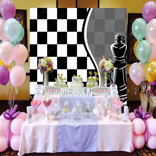 Miniatura 4 de Fondo de fotografía a cuadros en blanco y negro de 7 x 5 pies, decoración de fiesta de cumpleaños simple y moderna, pancarta, accesorios de estudio