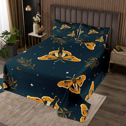 Miniatura 12 de Erosebridal Juego de colcha bohemia de mariposa y polilla de la muerte, colcha de luna estrellada de noche estrellada, juego de ropa de cama