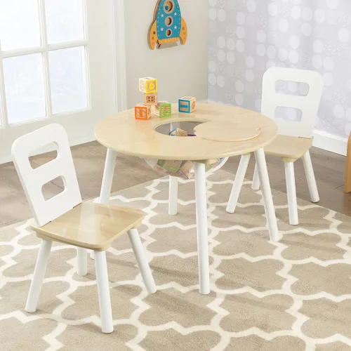 Miniatura 7 de KidKraft Conjunto de mesa de almacenamiento redondo y 2 sillas - Natural y blanco, 23.5 x 23.5 x 17.3