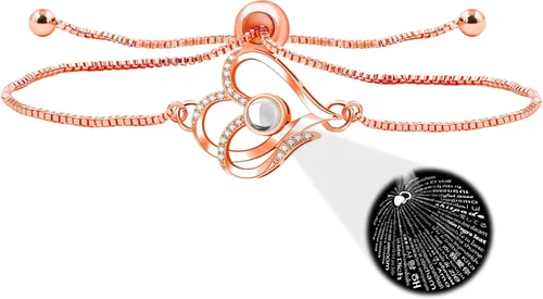 Miniatura 9 de Pulsera ajustable de cadena de plata/oro rosa, 4 dijes de corazón diferentes en 100 idiomas con texto en inglés "Say I Love You", pulsera