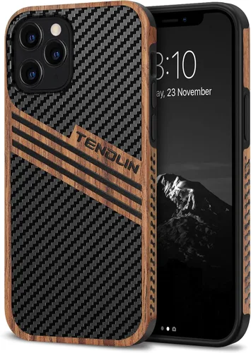 Miniatura 9 de TENDLIN Funda compatible con iPhone 12 Pro Max de grano de madera con diseño de textura de fibra de carbono, funda híbrida de cuero negro