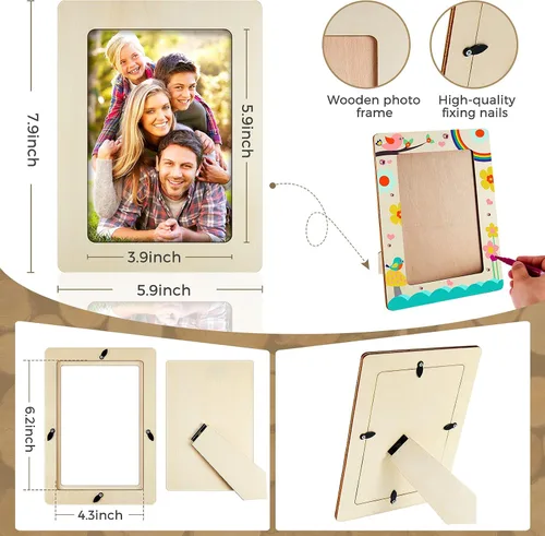 Miniatura 2 de Zonon Juego de 4 marcos de fotos de madera para fotos de 4 x 6 pulgadas con 12 bolígrafos de color de pintura, 4 hojas de calcomanías de diamante