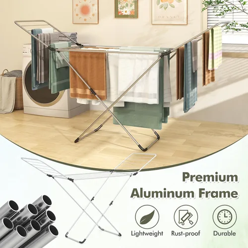Miniatura 8 de Tangkula Escurridor de ropa plegable, estante de secado de ropa de aluminio ligero con alas ajustables, 20 rieles de secado, colgador de lavandería