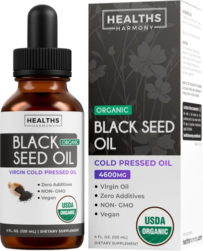 Aceite de semilla negra orgánica USDA (4 onzas líquidas) Premium prensado en frío Nigella sativa que produce aceite de semilla de comino negro puro,