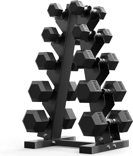 PAPABABE Juego de mancuernas hexagonales con estante, 85-560 libras con revestimiento de goma, juego de mancuernas libres con estante de
