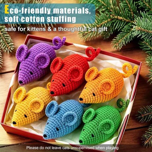 Miniatura 8 de Retro Shaw Juguetes de hierba gatera de ganchillo, 6 piezas de hilo para pezón de gato, ratones seguros para limpieza de dientes, juguete masticable