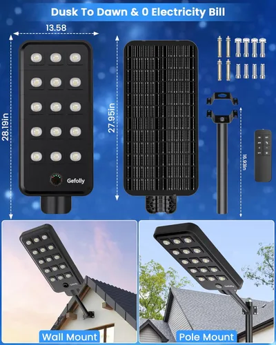 Miniatura 6 de Gefolly G-15000W Luz solar de calle al aire libre, 6500K gran angular luz de estacionamiento comercial del atardecer al amanecer IP67 seguridad