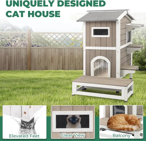Miniatura 6 de Casa para gatos al aire libre resistente a la intemperie, casa de madera para gatos de dos pisos con techo que se puede abrir, 4 puertas, balcón