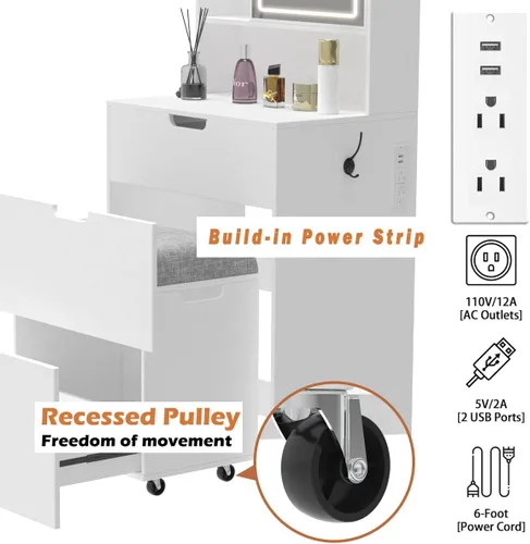 Miniatura 2 de Tocador pequeño con silla, espejo y luces, juego de mesa de maquillaje compacto para espacios pequeños, taburete de almacenamiento móvil