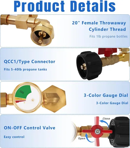 Miniatura 3 de Adaptador de repuesto de propano para tanques de 1 libra, adaptador de propano de 20 libras a 1 libra convertidor con válvula de encendido/apagado