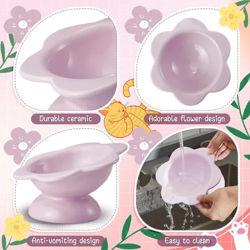 Miniatura 4 de Zhehao 2 cuencos elevados de cerámica para gatos, lindos cuencos elevados de comida para gatos, platos inclinados para mascotas, para proteger