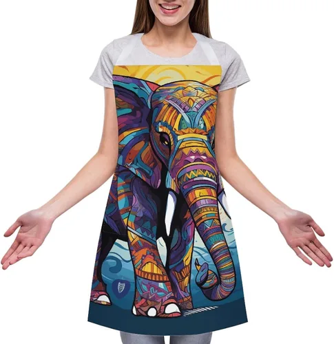 Miniatura 3 de Personalized Colorful Elephant Adult Apron, Kitchen Cooking Aprons for Woman Man, Adjustable Bib Apron with Pocket for Baking, BBQ Crafting