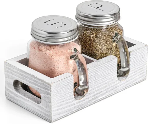 Juego de salero y pimentero Mason Jar - Juego de salero de vidrio con soporte de madera, fácil de limpiar y rellenar para mesa de cocina de granja,