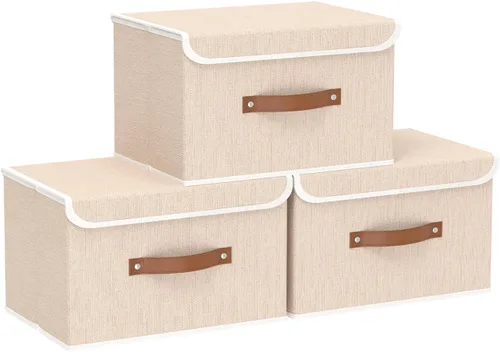 Miniatura 24 de Yawinhe SNK024BEN-1 Cajas de almacenamiento plegables, cestas apilables de tela de lino, contenedor con tapa y asa de cuero, lavable, para el hogar