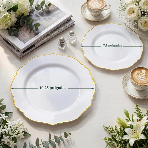 Miniatura 4 de WDF: 100 platos desechables de plástico, platos desechables barrocos color blanco y oro para fiestas de lujo y bodas, incluyendo 50 platos de Dorado