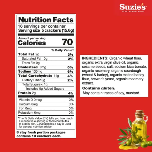 Miniatura 2 de Galletas Saladas Orgánicas Suzie's, Romero y Sésamo, Bocadillos Horneados Gourmet Saludables para Adultos y Niños - Paquete de 6, 8.8 oz Cada Una