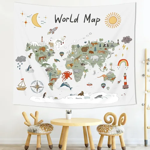 Miniatura 6 de Imirell Tapiz de mapa del mundo para niños, 59 pulgadas de ancho x 51 pulgadas de alto, lindo animal de dibujos animados, herramienta de aprendizaje