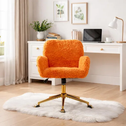 Miniatura 8 de Silla de tocador de piel sintética, silla de escritorio giratoria ajustable con ruedas y base dorada, cómoda silla ancha de maquillaje mullida
