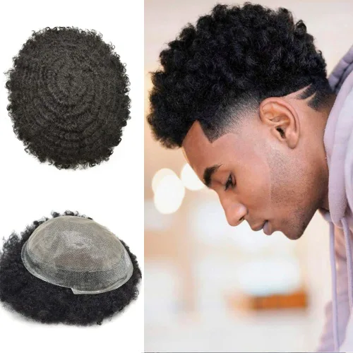 Miniatura 5 de Afro Toupee para hombres negros, inyección de poliuretano, línea capilar natural, 8 x 10 pulgadas, unidad de cabello negro para hombres, 100 %