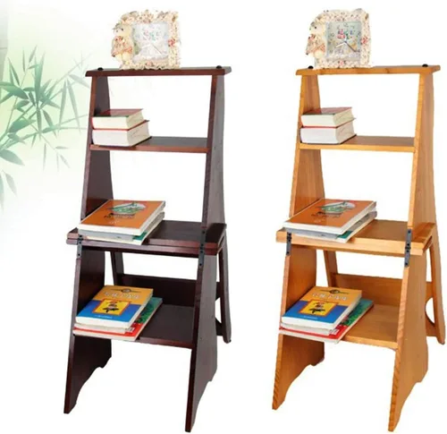 Miniatura 6 de Silla plegable de madera para biblioteca, taburete multifuncional 2 en 1, ligero, portátil, multifuncional, taburete de 4 escalones de doble Nogal