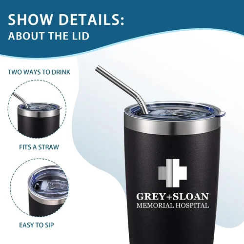 Miniatura 4 de Greys Grays Anatomy Merchandising, mercancía de programa de televisión, vaso de café helado de acero inoxidable aislado de 20 onzas con tapa, popote