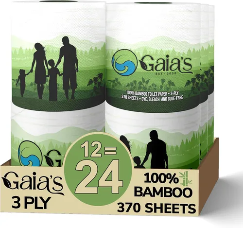 Gaias - Papel higiénico de bambú orgánico suave y de alta calidad, 12 megarrollos, 3 capas, 370 hojas, certificado FSC, sin PFAS y BPA, ecológico,