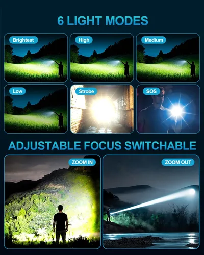 Miniatura 3 de Linterna recargable de 5000 lúmenes, linterna LED táctica de altos lúmenes con lente de encendido, 6 modos de zoom impermeable para campamento