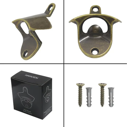 Miniatura 5 de Abrebotellas magnético de bronce antiguo para montaje en pared, abridor de tapas de cerveza con tornillos de acero inoxidable retro con imanes