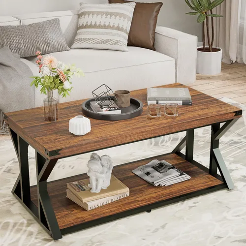 Miniatura 7 de Mesa auxiliar industrial de 43 pulgadas, mesa central rectangular de 2 niveles con estante de almacenamiento, mesa de cóctel de madera y metal