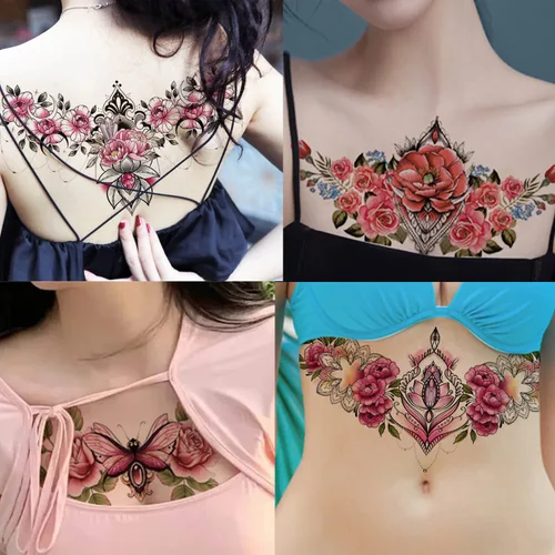 Miniatura 2 de Glaryyears Tatuaje temporal debajo del pecho para mujer, paquete de 10 tatuajes realistas florales grandes, calcomanías creativas de larga duración