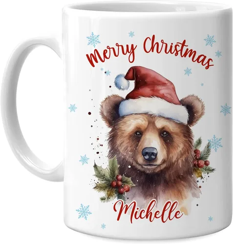 Hyturtle Regalos personalizados para amantes de los osos – Taza de café de cerámica con nombre personalizado de oso con sombrero de Papá Noel –