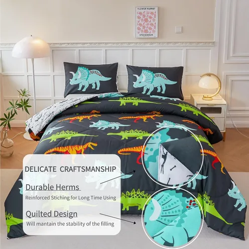 Miniatura 2 de RYNGHIPY Juego de ropa de cama de dinosaurio - Juego de edredón tamaño Queen para chicos y chicas - Juego de cama de dinosaurio suave, transpirable