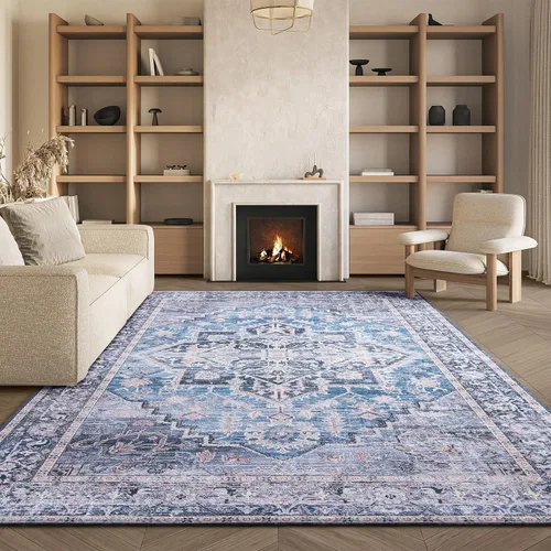 SAFAVIEH Washable Rug Tucson Collection - 6' x 9', Blue & Charcoal, Slip Resistant & Easy to Clean, Ideal for Living Room, Bedroom, Dining Space