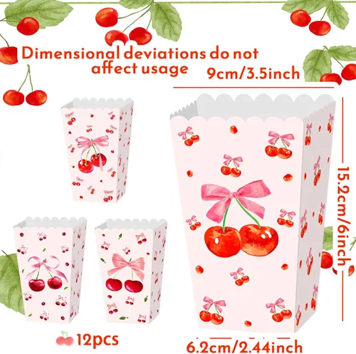 Miniatura 2 de Cajas de palomitas de maíz de cereza rosa, bolsas de regalo de cereza y lazos, 12 unidades, cereza en la parte superior, cajas de dulces, decoración