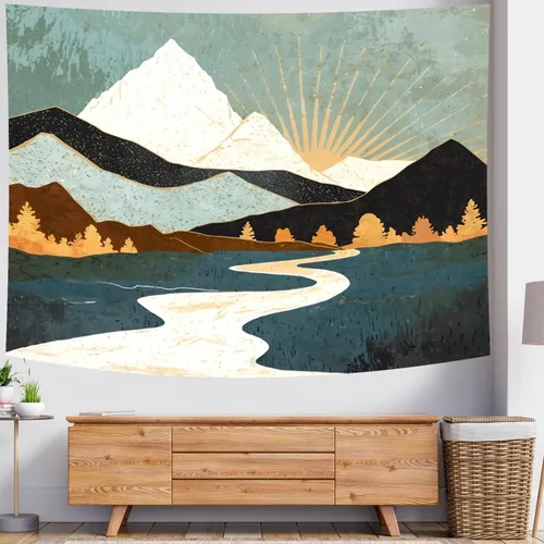 Miniatura 3 de Delur Tapiz Boho de Montaña con Puesta de Sol, Tapiz de Paisaje Natural de Bosque y Árbol para Colgar en la Pared, Tapiz Abstracto Psicodélico