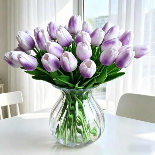 Miniatura 11 de Tulipanes falsos de PU de tacto real, flores artificiales, 10 piezas, arreglo floral, ramo para decoración de hogar, oficina, boda (blanco)