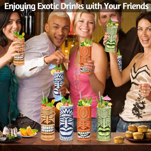 Miniatura 6 de Tiki Mugs - Juego de 4 tazas de cóctel de cristal Tiki de cerámica, vasos de cóctel únicos, taza hawaiana profesional de bar y Halloween fiesta